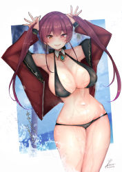 Rule 34 | 1girl, bare shoulders, bikini, black bikini, breasts, cleavage, collar, curvy, heterochromia, highres, hololive, houshou marine, jacket, jacket partially removed, jewelry, large breasts, legs together, long hair, looking at viewer, narrow waist, navel, playing with own hair, red eyes, red hair, rib:y(uhki), smile, solo, splashing, swimsuit, thighs, twintails, unzipped, virtual youtuber, wet, wide hips, yellow eyes