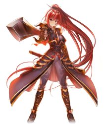 Rule 34 | 1girl, armor, black footwear, boots, breasts, closed mouth, faulds, floating hair, full body, game cg, grey pants, hair between eyes, hair ornament, hairpin, high ponytail, holding, holding sheath, holding sword, holding weapon, knee boots, large breasts, long hair, looking at viewer, official art, pants, red eyes, red hair, sheath, solo, standing, sword, tokimeki general girls x, transparent background, unsheathed, very long hair, weapon, zhou tai (tokimeki general girls x)