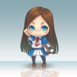 Rule 34 | 1girl, arm behind head, bad id, bad pixiv id, black thighhighs, blue eyes, blush stickers, book, brown hair, castlevania (series), castlevania: portrait of ruin, charlotte aulin, chibi, dress, eyelashes, long hair, looking at viewer, lowres, reflection, smile, solo, standing, stupa13a, thighhighs, zettai ryouiki