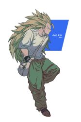 Rule 34 | 1boy, bag, baggy pants, black footwear, black wristband, blonde hair, boots, character name, closed mouth, commentary request, dragon ball, dragonball z, fecaa, frown, full body, furrowed brow, green pants, grey bag, hands in pockets, highres, hunched over, korean commentary, long hair, male focus, muscular, muscular male, no eyebrows, pants, shirt, shoulder bag, sleeves past elbows, solo, son goku, spiked hair, super saiyan, super saiyan 3, t-shirt, twitter username, very long hair, white shirt, wristband