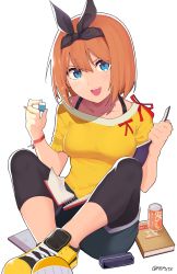 Rule 34 | 1girl, absurdres, bike shorts, black shorts, blue eyes, blush, breasts, collarbone, commentary, english commentary, eyebrows, go-toubun no hanayome, highres, looking at viewer, md5 mismatch, medium breasts, nakano yotsuba, off-shoulder shirt, off shoulder, open mouth, orange hair, resolution mismatch, shirt, shoes, short hair, shorts, sitting, sleepy frippy, smile, sneakers, solo, source smaller, teeth, twitter username, upper teeth only, yellow footwear, yellow shirt