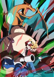 Rule 34 | 1boy, badge, baseball cap, black hair, black shirt, blastoise, blue pants, charizard, claws, closed mouth, commentary request, creatures (company), espeon, game freak, gen 1 pokemon, gen 2 pokemon, glowing, glowing eyes, hand up, hat, highres, jacket, looking to the side, male focus, nintendo, ocha2 22, open clothes, open jacket, pants, pikachu, pokemon, pokemon (creature), pokemon on arm, pokemon rgby, red (pokemon), red jacket, shirt, shoes, short hair, short sleeves, smile, snorlax, standing, starter pokemon trio, venusaur