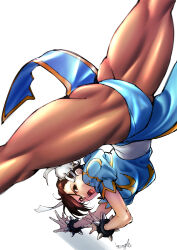 Rule 34 | 1girl, absurdres, ass, bangle, blue dress, bracelet, breasts, brown eyes, brown hair, brown pantyhose, bun cover, capcom, china dress, chinese clothes, chun-li, double bun, dress, feet out of frame, hair between eyes, hair bun, highres, jewelry, looking at viewer, medium breasts, muscular, muscular female, open mouth, pantyhose, puffy short sleeves, puffy sleeves, short sleeves, shouting, signature, solo, spiked bracelet, spikes, spinning bird kick, street fighter, strikebeagle, swept bangs, thighs, upskirt, white background