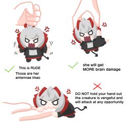 Rule 34 | 1girl, 1other, antenna hair, antennae, arknights, biting, chibi, commentary, demon girl, demon horns, demon tail, english commentary, english text, grey hair, grey shirt, gribberoni, highres, horns, how to hold x (meme), jacket, meme request, mini person, minigirl, multiple views, open clothes, open jacket, open mouth, shirt, simple background, tail, w (arknights), white background