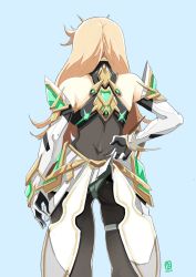 Rule 34 | 1girl, ass, automatic giraffe, blonde hair, bodystocking, clothes lift, detached sleeves, from behind, gloves, long hair, miniskirt, mythra (massive melee) (xenoblade), mythra (xenoblade), panties, pantyhose, pleated skirt, skirt, skirt lift, solo, standing, thigh gap, thigh strap, tiara, underwear, very long hair, xenoblade chronicles (series), xenoblade chronicles 2