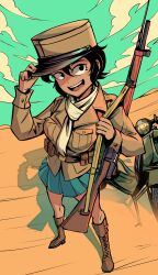 Rule 34 | black hair, blue skirt, boots, brown jacket, copyright request, cross-laced footwear, dark-skinned female, dark skin, desert, french army, full body, gun, gun on back, hat, hat tip, head tilt, highres, jacket, lace-up boots, military hat, military uniform, motor vehicle, motorcycle, nico jiang, open mouth, rifle, scarf, shadow, skirt, standing, uniform, weapon, weapon on back