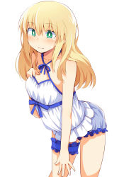 Rule 34 | 1girl, alternate costume, artoria pendragon (all), artoria pendragon (fate), bare arms, bare shoulders, blonde hair, blue ribbon, blush, breasts, character request, chata maru (irori sabou), check character, collarbone, commentary request, fate/grand order, fate (series), frills, green eyes, hand on own chest, highres, long hair, medium breasts, ribbon, saber (fate), shirt, short shorts, shorts, simple background, solo, thigh strap, white background, white shirt, white shorts