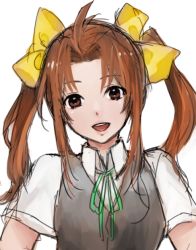 Rule 34 | 10s, 1girl, bad id, bad pixiv id, brown eyes, brown hair, dress shirt, hair ornament, hair ribbon, hoshino (cona), kagerou (kancolle), kantai collection, long hair, open mouth, ribbon, shirt, simple background, smile, solo, twintails, vest