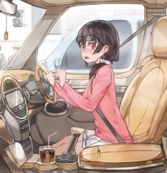 Rule 34 | 10s, 1girl, alternate hairstyle, bendy straw, blush, car, car interior, chair, cup, drinking straw, driving, eyewear on head, free style (yohan1754), from side, full-face blush, glasses, hair ornament, hair over shoulder, hair scrunchie, hand up, highres, long hair, long sleeves, looking at viewer, love live!, love live! school idol project, low-tied long hair, low ponytail, mini cooper, motor vehicle, nose blush, open mouth, pink eyes, pink shirt, pleated skirt, rear-view mirror, right-hand drive, safety belt, scrunchie, seatbelt, shirt, sitting, skirt, solo, steering wheel, sunglasses, teeth, traffic light, vehicle, white skirt, yazawa nico