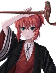 Rule 34 | 1girl, absurdres, black coat, bolo tie, closed mouth, coat, delfuze, hatori chise, highres, holding, holding staff, long sleeves, looking at viewer, mahou tsukai no yome, ponytail, red hair, red vest, shirt, simple background, solo, staff, vest, white background, white shirt, wide sleeves