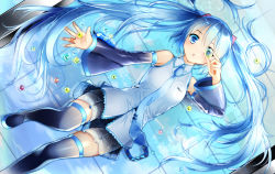 Rule 34 | 1girl, blue eyes, blue hair, boots, detached sleeves, hatsune miku, long hair, lying, marble (toy), matching hair/eyes, necktie, on back, rain (aaru), skirt, solo, thigh boots, thighhighs, twintails, very long hair, vocaloid