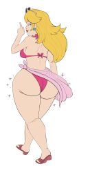 Rule 34 | 1girl, artist request, ass, bikini, blonde hair, breasts, closed eyes, highres, huge ass, large breasts, legs, long hair, mario (series), nintendo, pink bikini, princess, princess peach, sandals, sarong, sideboob, simple background, smile, solo, source request, sunglasses, super mario odyssey, swimsuit, thick thighs, thighs, white background