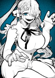 Rule 34 | absurdres, blood, blue eyes, breasts, dress, frilled dress, frills, greyscale with colored background, hair over one eye, headphones, highres, large breasts, long hair, microdress, monochrome, multicolored hair, one piece, one piece film: red, open mouth, ribbon, single sleeve, sitting, smile, split-color hair, thighs, uta (one piece), wariza, white dress, yotsumi shiro