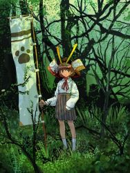 Rule 34 | 1girl, armor, banner, black eyes, branch, brown hair, brown socks, closed mouth, collared shirt, commentary request, day, forest, full body, grass, green background, grey skirt, helmet, high-waist skirt, highres, japanese armor, kabuto (helmet), loafers, long sleeves, looking at viewer, nature, neck ribbon, nobori, original, outdoors, paw print, pleated skirt, red ribbon, ribbon, school uniform, shirt, shirt tucked in, shoes, short hair, skirt, sleeves past wrists, socks, solo, split mouth, standing, tree, white shirt, white socks, wing collar, xpomorin