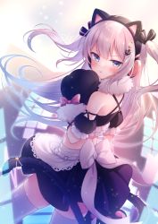 Rule 34 | 1girl, :t, amane kurumi, anchor hair ornament, animal ear headphones, animal ears, animal hands, azur lane, bare shoulders, black gloves, black skirt, black sleeves, blue eyes, blush, bow, cat ear headphones, cat ears, cat tail, closed mouth, commentary request, criss-cross halter, crop top, detached sleeves, fake animal ears, frilled sleeves, frills, fur-trimmed gloves, fur collar, fur trim, gloves, hair ornament, halterneck, hammann (azur lane), hammann (hammanyan pawnch!) (azur lane), headphones, highres, long hair, looking at viewer, looking to the side, midriff, paw gloves, pleated skirt, pout, puffy short sleeves, puffy sleeves, short sleeves, silver hair, skirt, solo, star (symbol), star hair ornament, tail, thighhighs, two side up, very long hair, white bow, white thighhighs, window