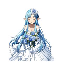 Rule 34 | 1girl, asuna (sao-alo), blue flower, blue hair, bouquet, breasts, cleavage, collarbone, dress, closed eyes, flower, hair flower, hair ornament, holding, holding bouquet, jewelry, long hair, necklace, parted lips, pointy ears, sleeveless, sleeveless dress, small breasts, solo, standing, sword art online, transparent background, very long hair, waiting for kiss, wedding dress, white dress
