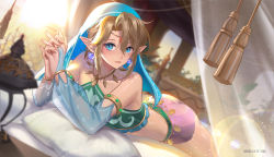 Rule 34 | 1boy, artist name, bare shoulders, blonde hair, blue eyes, blurry, blurry background, bridal gauntlets, circlet, collarbone, crossdressing, curtains, day, detached sleeves, earrings, elbow rest, eyebrows, fingernails, gerudo set (zelda), hair between eyes, halterneck, harem pants, highres, indoors, interlocked fingers, jewelry, lantern, link, lips, lying, male focus, necklace, nightfun, nintendo, no pants, official alternate costume, on stomach, own hands clasped, own hands together, pants, pillow, pointy ears, see-through, see-through sleeves, shiny skin, short hair, short hair with long locks, sidelocks, solo, sunlight, the legend of zelda, the legend of zelda: breath of the wild, trap, veil, window