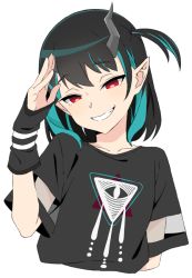 Rule 34 | 1girl, akitetsu, black hair, black shirt, blue hair, demon girl, demon horns, eye of providence, flat chest, grin, horns, looking at viewer, medium hair, multicolored hair, nanashi inc., official alternate costume, one side up, pointy ears, red eyes, shirt, shishio chris, shishio chris (3rd costume), simple background, smile, smug, solo, sugar lyric, transparent background, two-tone hair, upper body, virtual youtuber
