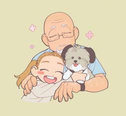 Rule 34 | 1boy, 1girl, :3, :p, ^ ^, animal, bald, better call saul, black-framed eyewear, blonde hair, blue shirt, blush stickers, breaking bad, child, closed eyes, closed mouth, cropped torso, dog, dot nose, facial hair, facing viewer, flower (symbol), for kyrat, glasses, goatee, grandfather and granddaughter, grey background, grey shirt, hair pulled back, hand on another&#039;s back, happy, hug, kaylee ehrmantraut, long hair, long sleeves, mike ehrmantraut, mole, mole under eye, no nose, old, old man, open mouth, outstretched arm, pet, ponytail, round teeth, semi-rimless eyewear, shirt, short sleeves, simple background, teeth, thick eyebrows, tongue, tongue out, u u, under-rim eyewear, upper body, upper teeth only, watch, wrinkled skin, wristwatch