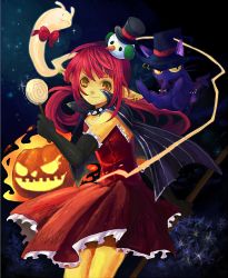 Rule 34 | 00s, candy, cape, cat, dungeon and fighter, earrings, flat chest, food, gloves, hat, jewelry, lollipop, long hair, mage (dungeon and fighter), orange eyes, pointy ears, pumpkin, red hair, skirt, smile, star (symbol), witch, witch (dungeon and fighter)