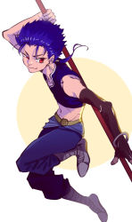 Rule 34 | 1boy, absurdres, aged down, blue hair, boots, child, crop top, cu chulainn (fate), edwintarm, fate/grand order, fate/stay night, fate (series), gae bolg (fate), highres, long hair, male focus, midriff, polearm, ponytail, red eyes, setanta (fate), smirk, solo, spear, weapon