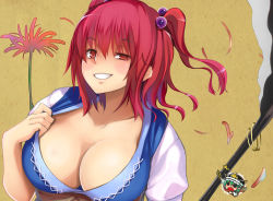 Rule 34 | 2girls, bad id, bad pixiv id, blush, breasts, chibi, cleavage, clenched teeth, female focus, flower, grin, hair bobbles, hair ornament, hareno chiame, large breasts, multiple girls, onozuka komachi, red hair, rod of remorse, scythe, shiki eiki, smile, spider lily, teeth, touhou