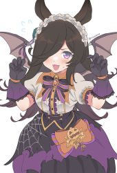 Rule 34 | 1girl, animal ears, bat ears, black skirt, blush, bow, bowtie, brooch, brown hair, fangs, flying sweatdrops, gloves, hair over one eye, hairband, halloween, highres, horse ears, horse girl, jewelry, lace, lace-trimmed gloves, lace trim, long hair, looking at viewer, official alternate costume, open mouth, purple bow, purple eyes, purple gloves, rice shower (make up vampire!) (umamusume), rice shower (umamusume), shirt, short sleeves, simple background, skirt, smile, solo, spider web print, twitter username, umamusume, vinhnyu, white background, white shirt