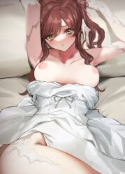 Rule 34 | 1girl, absurdres, armpits, arms up, au ra, au ra raen, bed, blush, breasts, breasts out, brown hair, cowboy shot, cyobiro, dress, final fantasy, final fantasy xiv, hair ribbon, highres, looking at viewer, lying, medium breasts, nipples, on back, on bed, parted bangs, parted lips, pillow, ribbon, sidelocks, solo, twintails, warrior of light (ff14), white dress, yellow eyes