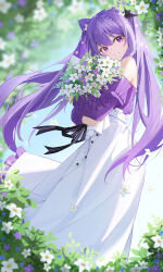 1girl absurdres bare_shoulders blurry blurry_background bouquet braid cone_hair_bun diamond-shaped_pupils diamond_(shape) double_bun dress floating_hair flower genshin_impact hair_bun highres holding holding_bouquet keqing_(genshin_impact) keqing_(lantern_rite)_(genshin_impact) long_dress long_hair long_sleeves looking_at_viewer off_shoulder official_alternate_costume outdoors parted_lips pink_eyes purple_hair qi_di_xiong smile solo standing symbol-shaped_pupils twintails white_dress white_flower