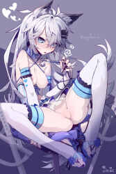 Rule 34 | 1girl, absurdres, alternate costume, animal collar, animal ears, arknights, bare shoulders, bell, belt collar, black nails, blank censor, blue collar, blue eyes, blue flower, blue footwear, blue rose, blush, breasts, bridal gauntlets, bridal legwear, censored, character name, chinese commentary, cleavage, cleavage cutout, clothing cutout, collar, collarbone, commentary request, dress, elbow gloves, eyes visible through hair, flower, gloves, grey background, grey hair, hair between eyes, hair ornament, hairclip, hand up, heart, heart cutout, heart in eye, high heels, highres, imazawa, jingle bell, knees up, lappland (arknights), leash, long hair, medium breasts, nail polish, neck bell, nipples, no panties, open mouth, paid reward available, pleated dress, pussy juice, rose, sandals, solo, spread legs, symbol in eye, tail, thighhighs, toenail polish, toenails, toes, white dress, white gloves, white thighhighs, wolf ears, wolf girl, wolf tail