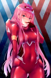 Rule 34 | 1girl, arm behind back, blue eyes, bodysuit, breasts, breasts apart, covered navel, cowboy shot, darling in the franxx, grey hairband, hairband, highres, horns, long hair, looking at viewer, medium breasts, pilot suit, pink hair, red bodysuit, shiny clothes, shouu-kun, solo, standing, tongue, tongue out, very long hair, zero two (darling in the franxx)