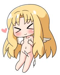 Rule 34 | &gt; &lt;, 1girl, barefoot, blonde hair, blush, chibi, closed eyes, closed mouth, collarbone, completely nude, covering privates, covering chest, facing viewer, feathered wings, feathers, filo (tate no yuusha no nariagari), full body, groin, hana kazari, head tilt, heart, long hair, navel, nude, parted bangs, simple background, smile, solo, tate no yuusha no nariagari, very long hair, white background, white feathers, white wings, wings