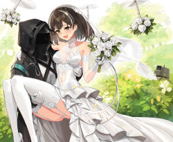 Rule 34 | 1girl, 1other, :d, absurdres, arknights, black coat, blush, breasts, bridal veil, brown hair, bush, carrying, coat, covered navel, day, doctor (arknights), dress, drone, earrings, elbow gloves, feet out of frame, flower, frilled dress, frills, garter straps, glint, gloves, hair ornament, high heels, highres, holding, holding flower, hood, hood up, hooded coat, jewelry, long dress, magallan (arknights), medium breasts, multicolored hair, open mouth, outdoors, panties, pantyshot, princess carry, robot, rose, see-through, short hair, sigm@, silver hair, single earring, sleeveless, sleeveless dress, smile, snowflake hair ornament, streaked hair, thighhighs, thighs, two-tone hair, underwear, veil, wedding dress, white flower, white footwear, white gloves, white panties, white rose, white thighhighs, yellow eyes