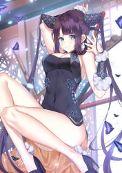 Rule 34 | 1girl, absurdres, arm behind head, arm up, bare shoulders, black dress, black footwear, blue eyes, blunt bangs, blush, breasts, bug, butterfly, china dress, chinese clothes, cleavage, closed mouth, covered navel, detached sleeves, dress, fate/grand order, fate (series), flute, hair ornament, hand up, high heels, highres, insect, instrument, knees up, koret owo, large breasts, leaf hair ornament, legs, long hair, looking at viewer, pipa (instrument), purple hair, side slit, sidelocks, smile, solo, twintails, very long hair, yang guifei (fate), yang guifei (second ascension) (fate)