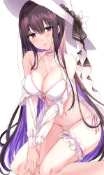 Rule 34 | 1girl, bare shoulders, bikini, blush, breasts, choker, cleavage, collarbone, colored inner hair, commentary request, cropped legs, eyes visible through hair, hair between eyes, halterneck, hat, highres, kinona, kneeling, light smile, long hair, looking at viewer, multicolored hair, navel, o-ring, o-ring top, open mouth, original, own hands together, purple eyes, purple hair, side-tie bikini bottom, simple background, solo, string bikini, sun hat, swimsuit, two-tone hair, very long hair, white background, white bikini, white hat