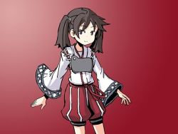 Rule 34 | 1girl, baggy pants, cosplay, gradient background, hair tie, japanese clothes, kantai collection, muneate, pants, red background, ryuujou (kancolle), sixten, smile, solo, twintails, wide sleeves, zuihou (kancolle), zuihou (kancolle) (cosplay)