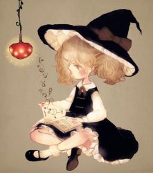 Rule 34 | 1girl, aged down, ankle socks, bad id, bad pixiv id, blonde hair, book, butterfly sitting, ceiling light, facing away, frilled skirt, frills, full body, half updo, hat, hat ribbon, kirisame marisa, long sleeves, mary janes, open book, ponytail, reading, ribbon, shoes, simple background, sitting, skirt, skirt set, socks, solo, tan background, touhou, witch hat, yellow eyes, yujup