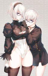Rule 34 | 1boy, 1girl, aki663, bespectacled, black dress, black hairband, blue eyes, blush, breasts, cameltoe, cleavage cutout, clothing cutout, couple, cowboy shot, dress, feather-trimmed sleeves, glasses, gloves, hair over one eye, hairband, headband, leotard, looking at viewer, mole, mole under mouth, nier (series), nier:automata, no blindfold, no pants, short hair, skindentation, smile, standing, thighhighs, thighs, white hair, white leotard, 2b (nier:automata), 9s (nier:automata)