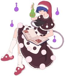 Rule 34 | 10s, 1girl, apron, black dress, blob, blue eyes, blue hair, blush, blush stickers, capelet, crossover, doremy sweet, dress, ekubo (mob psycho 100), face, full body, hat, highres, looking at viewer, matching hair/eyes, mefomefo, mob psycho 100, nightcap, pom pom (clothes), purple lips, red hat, simple background, slippers, smile, socks, solo, tail, touhou, waist apron, white apron, white background, white socks