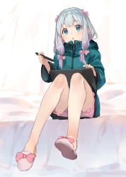 Rule 34 | 10s, 1girl, bed, blue eyes, blunt bangs, bow, commentary request, drawing tablet, eromanga sensei, hair bow, highres, holding, holding pen, izumi sagiri, jacket, legs, long hair, looking at viewer, on bed, open mouth, pants, pen, pink bow, pink pants, ribbon, shirabi, silver hair, sitting, slippers, solo, stylus, white background, zipper