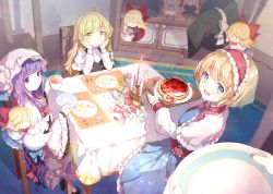 Rule 34 | 6+girls, ahoge, alice margatroid, apron, ascot, black headwear, blonde hair, blue dress, blue eyes, blush, bow, bowtie, candle, capelet, chair, closed mouth, commentary, cowboy shot, cup, dress, flower, flower request, food, fork, frilled ascot, frilled dress, frilled sleeves, frills, fruit tart, hair bow, hair ornament, hair ribbon, hairband, hat, unworn hat, unworn headwear, hourai doll, indoors, kirisame marisa, lily (flower), lolita hairband, long hair, long sleeves, looking at another, mob cap, multiple girls, open mouth, out of frame, patchouli knowledge, plate, purple eyes, purple hair, red bow, red dress, ribbon, risui (suzu rks), shanghai doll, short hair, sitting, smile, spoon, star (symbol), star hair ornament, striped, table, tart (food), tea, teacup, teapot, touhou, very long hair, wide sleeves, witch hat, yellow eyes