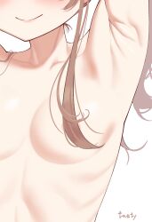 Rule 34 | 1girl, absurdres, armpits, blush, breasts, brown hair, closed mouth, collarbone, covered erect nipples, harry (dudwofla), highres, hololive, natsuiro matsuri, nude, small breasts, smile, solo, upper body, virtual youtuber, white background