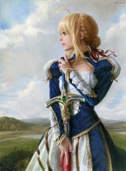 Rule 34 | 1girl, absurdres, adapted costume, ahoge, artist name, artoria pendragon (all), artoria pendragon (fate), blonde hair, blue dress, braid, braided bun, breasts, caliburn (fate), castle, cloud, cloudy sky, commentary, cowboy shot, cross-laced clothes, dress, elvafirst, english commentary, fate/stay night, fate (series), french braid, frilled dress, frills, gem, gold trim, grass, green eyes, hair bun, hair ribbon, highres, holding, holding sword, holding weapon, juliet sleeves, landscape, long sleeves, looking away, looking to the side, medium breasts, photo-referenced, puffy sleeves, rainbow, red ribbon, ribbon, saber (fate), scabbard, sheath, sheathed, short hair, sidelocks, signature, sky, solo, standing, sword, weapon
