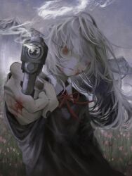 Rule 34 | 1girl, @ @, blood, blood on face, blood on hands, collared shirt, eyepatch, gun, highres, holding, holding gun, holding weapon, isa (31q 13), long hair, long sleeves, looking at viewer, nail polish, neck ribbon, original, outdoors, parted lips, pointing gun, red eyes, ribbon, shirt, smoke, solo, weapon, white hair