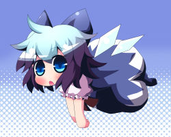 Rule 34 | 1girl, absurdres, bad id, bad pixiv id, blue eyes, blue hair, bow, chibi, cirno, dress, female focus, flying, hair bow, highres, ice, ice wings, matching hair/eyes, no nose, oneb (daidokoro), open mouth, puffy sleeves, short hair, skirt, solo, touhou, wings