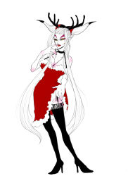 Rule 34 | 1990s (style), 1girl, antlers, black thighhighs, breasts, choker, christmas, dress, female focus, final fantasy, final fantasy viii, full body, horns, jewelry, kitsuki (pixiv1737079), lipstick, long hair, makeup, necklace, partially colored, pointy ears, reindeer antlers, retro artstyle, santa costume, solo, tattoo, thighhighs, ultimecia, very long hair, white background, white hair, yellow eyes