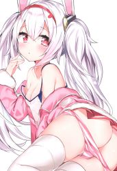 Rule 34 | 1girl, absurdres, animal ears, arm support, ass, azur lane, bare shoulders, blush, breasts, camisole, cleavage, collarbone, covered erect nipples, fake animal ears, fingernails, hair between eyes, hairband, hand up, highres, jacket, kamioka shun&#039;ya, laffey (azur lane), long hair, long sleeves, looking at viewer, lying, miniskirt, off shoulder, on side, open clothes, open jacket, panties, parted lips, pink jacket, pink skirt, pleated skirt, purple eyes, rabbit ears, red hairband, scan, sidelocks, silver hair, simple background, skirt, small breasts, solo, strap slip, striped clothes, striped panties, thighhighs, twintails, underwear, very long hair, white background, white camisole, white thighhighs