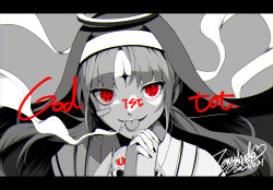 Rule 34 | 1girl, absurdres, aimaina, artist name, bandaid, bandaid on face, black border, black nails, border, cigarette, enishidayuu, german text, grey background, habit, halo, highres, kamippoina (vocaloid), long hair, looking at viewer, monochrome, nun, original, own hands together, piercing, red eyes, signature, simple background, smile, smoke, solo, tongue, tongue out, tongue piercing, twintails, vocaloid