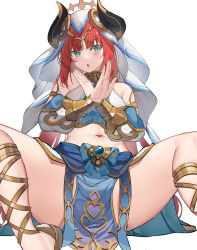 Rule 34 | 1girl, :o, absurdres, arabian clothes, bare shoulders, blue nails, blush, circlet, crop top, fake horns, genshin impact, gladiator sandals, green eyes, highres, horns, jewelry, long hair, midriff, nail polish, navel, nilou (genshin impact), pelvic curtain, red hair, revealing clothes, sandals, sitting, spread legs, twintails, veil, vierzeck, white background, x arms