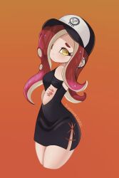Rule 34 | 1girl, artist name, baseball cap, black dress, cephalopod eyes, commentary, cropped legs, cross-laced slit, crossed arms, dedf1sh, dress, ear piercing, earrings, english commentary, eyelashes, hat, highres, infamousavages, jewelry, long hair, nintendo, octoling, orange background, piercing, print headwear, red hair, side slit, simple background, solo, splatoon (series), splatoon 3, splatoon 3: side order, tentacle hair, yellow pupils